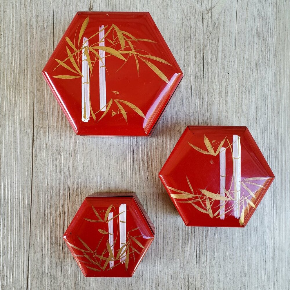 Interpur Trinket Boxes w Hand-Painted Bamboo Red Hexagonal Nesting Set of 3